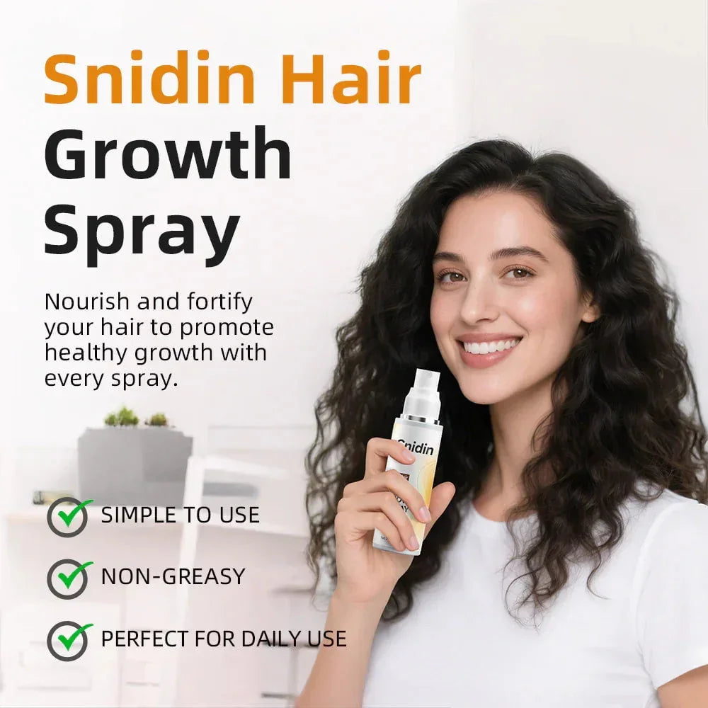 Woman with curly hair holding hair growth spray, product features listed beside her.