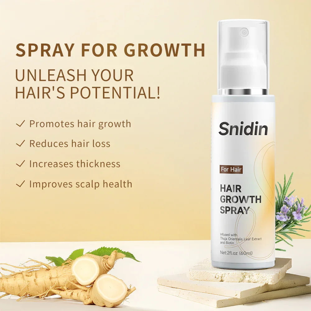 Snidin Hair Growth Spray bottle with ginseng root, text highlights benefits for hair growth