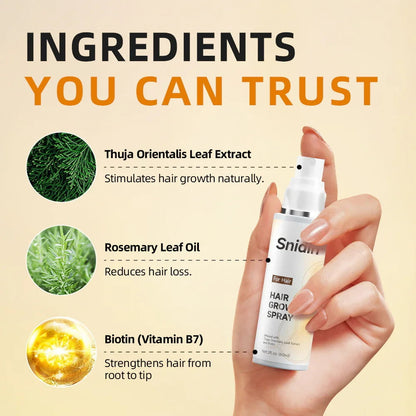 Hand holding Sniamn hair growth spray with ingredients like Thuja Orientalis, rosemary oil, biotin.