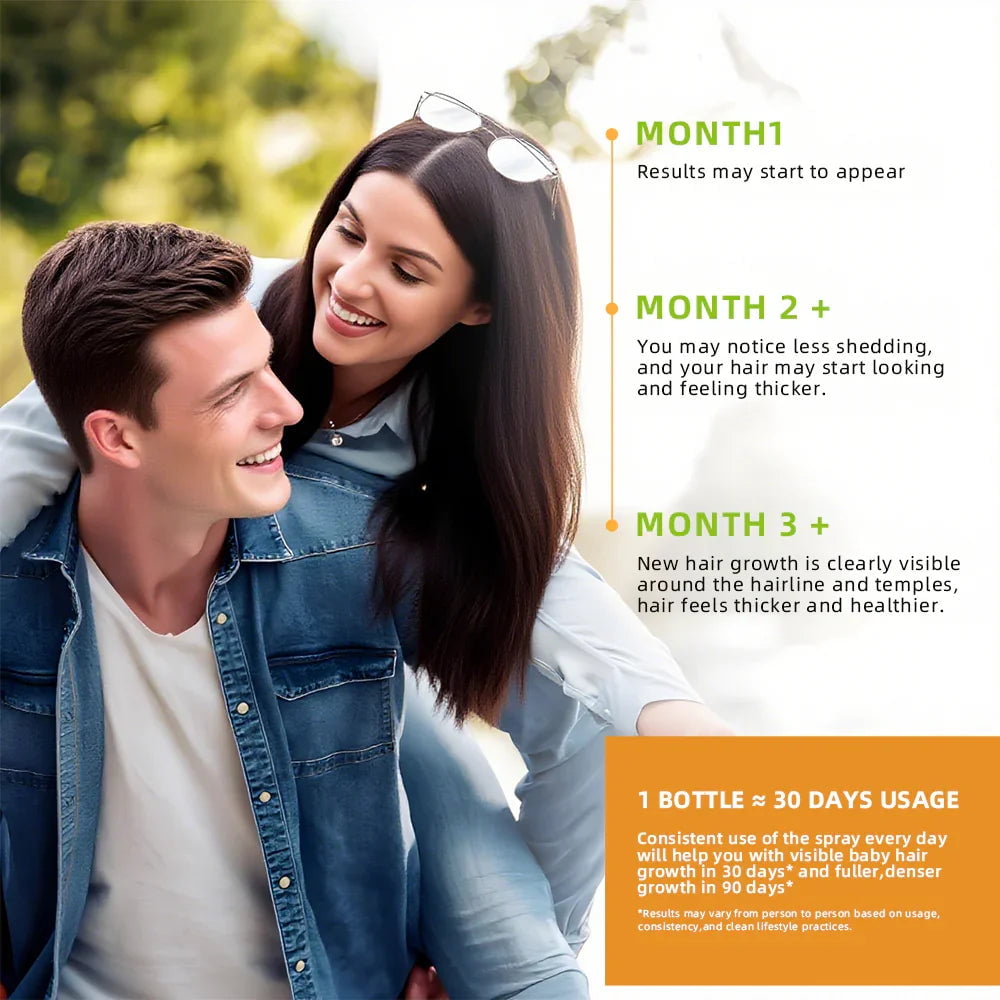Smiling couple outdoors, hair growth product usage timeline and benefits overlayed on image