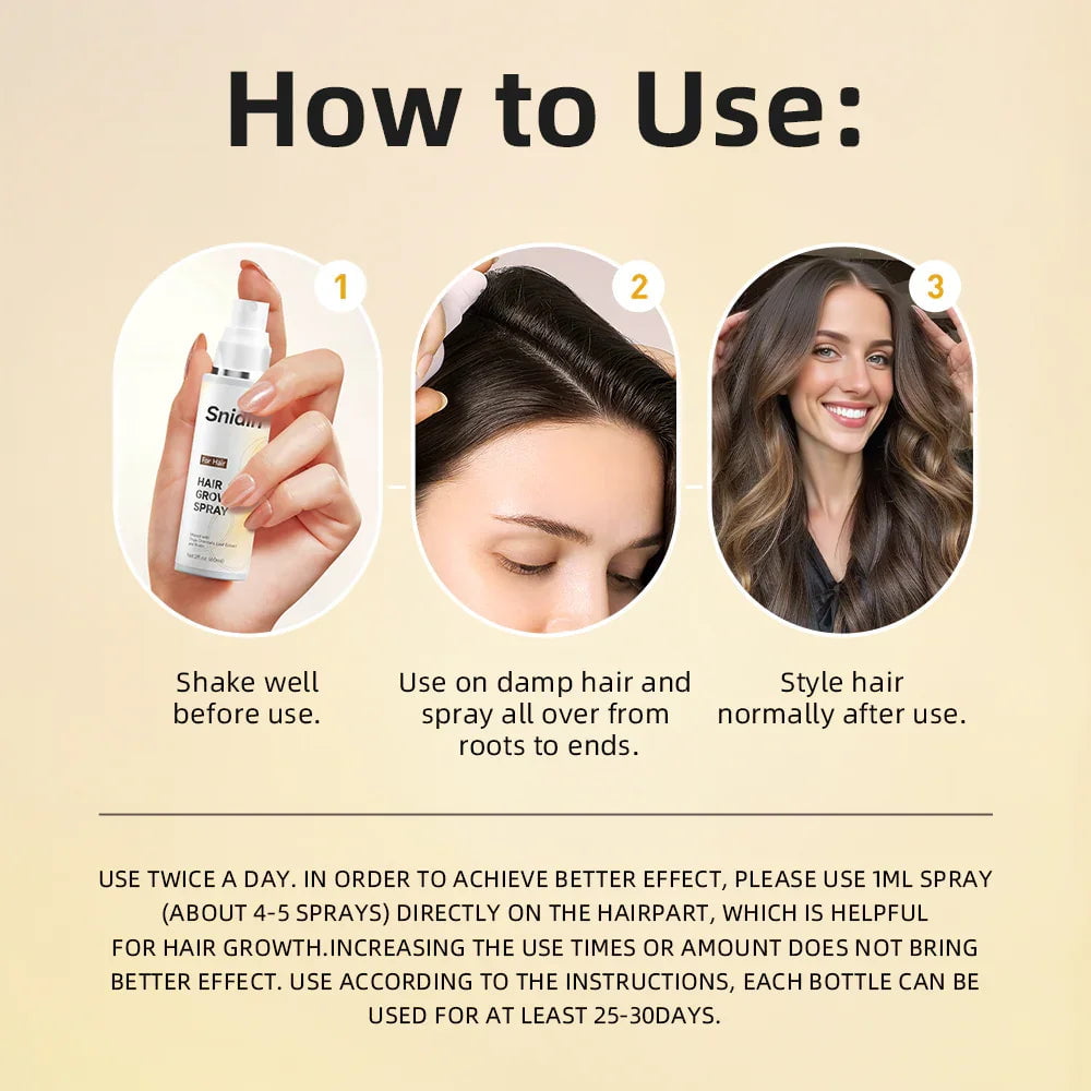 How to use Sniam hair growth spray instructions with product, application steps, and smiling woman.