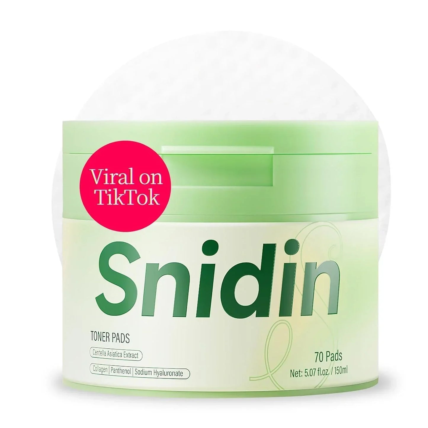 Snidin toner pads container with green lid and 'Viral on TikTok' label, 70 pads, skincare product