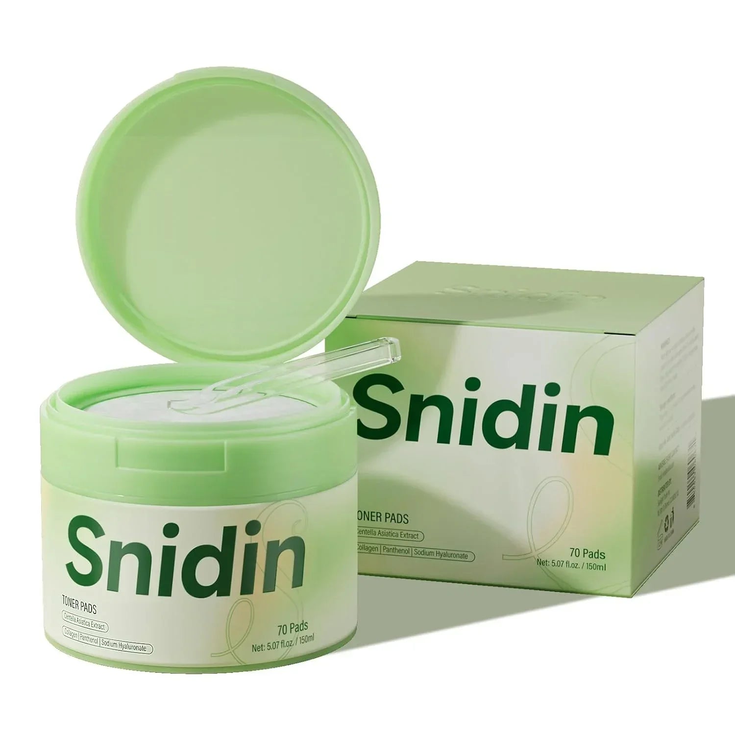 Snidin toner pads container with lid open and box, skincare facial cleansing pads
