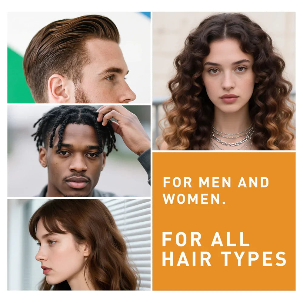 Collage of men and women with various hair types, text reads 'For all hair types'.
