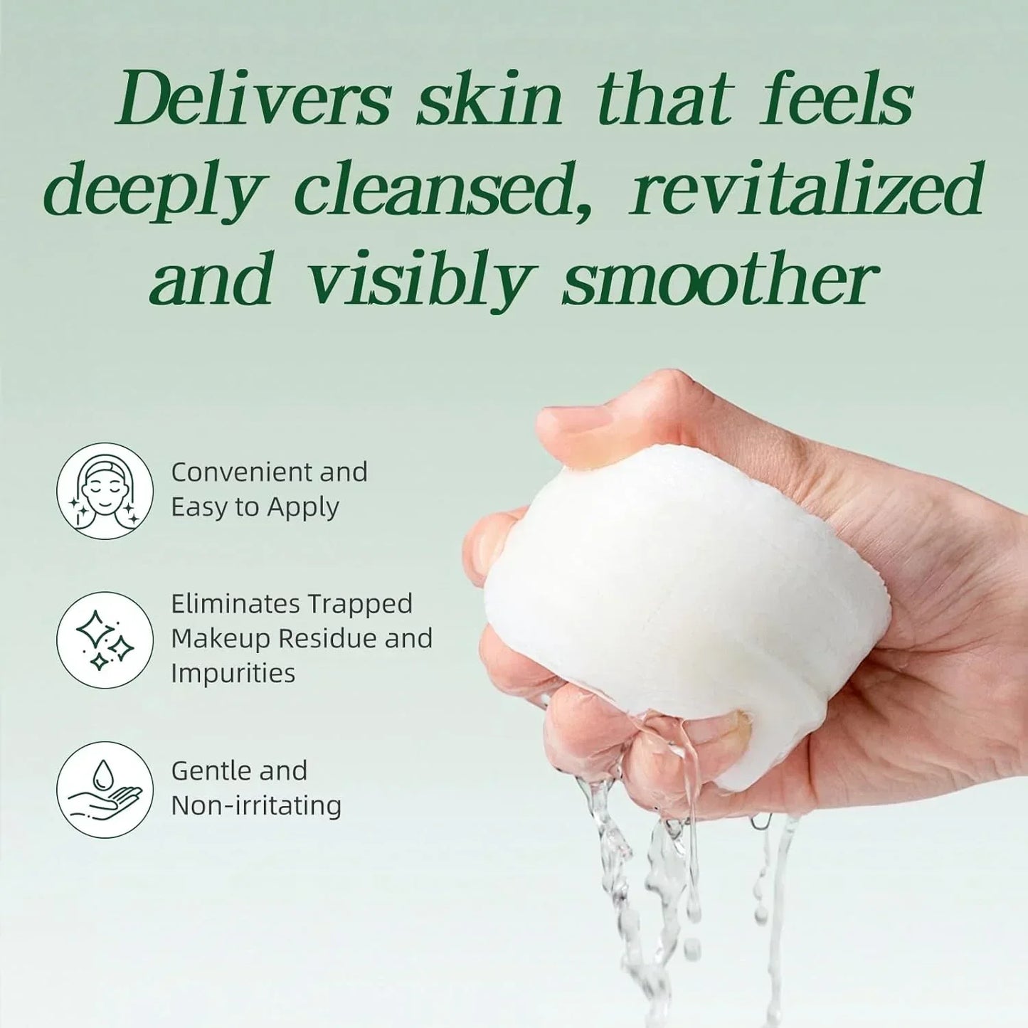 Hand holding a wet cleansing pad with water dripping, promoting deep skin cleansing and gentle application.