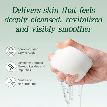 Hand holding a wet cleansing pad with water dripping, promoting deep skin cleansing and gentle application.