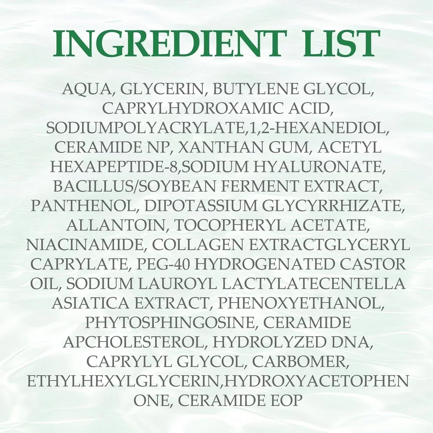 Ingredient list for hair growth spray displayed on a light green background.