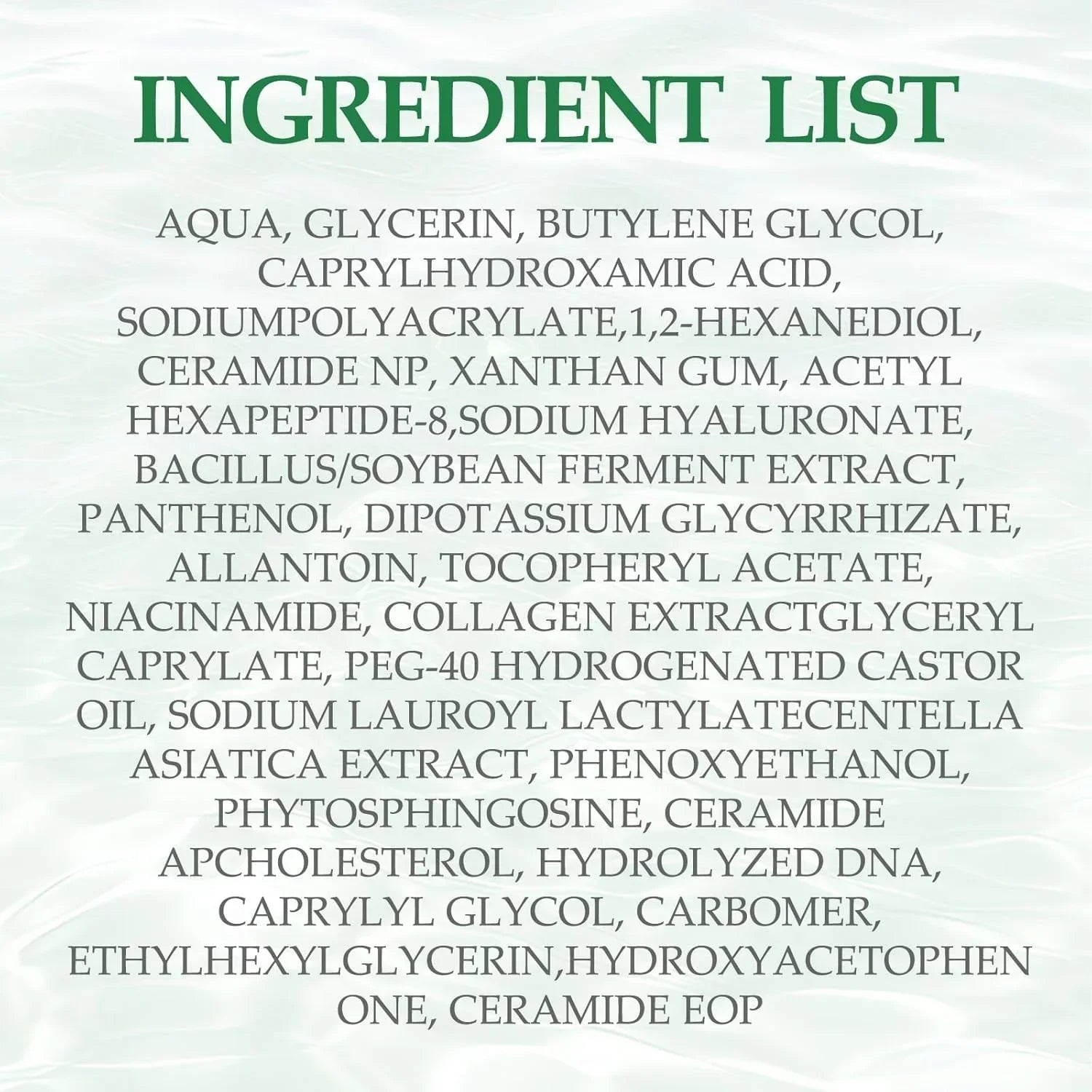 Ingredient list for hair growth spray displayed on a light green background.