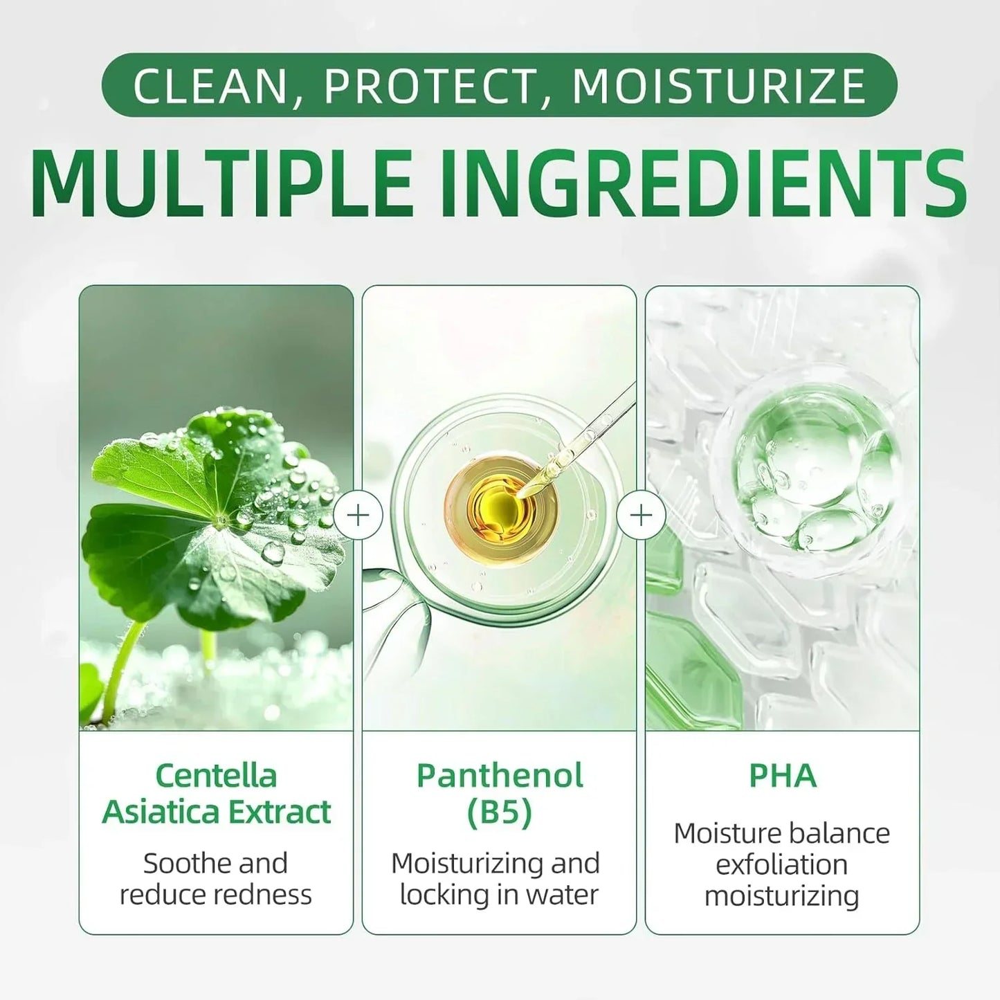 Hair care product ingredients Centella Asiatica extract, Panthenol B5, PHA with moisturizing benefits