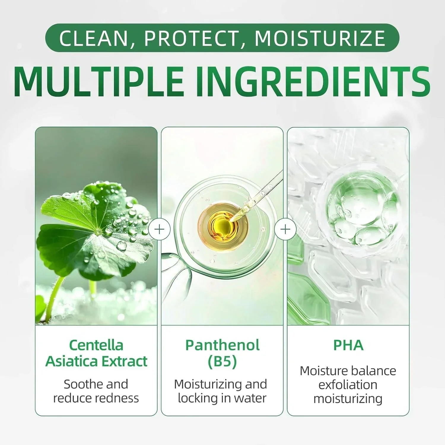 Hair care product ingredients Centella Asiatica extract, Panthenol B5, PHA with moisturizing benefits