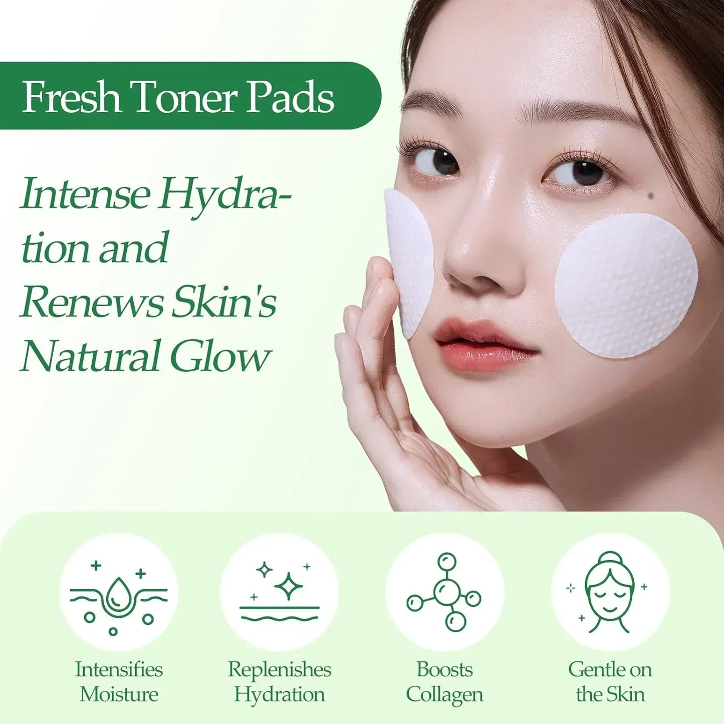 Woman applying toner pads to cheeks for skin hydration and natural glow