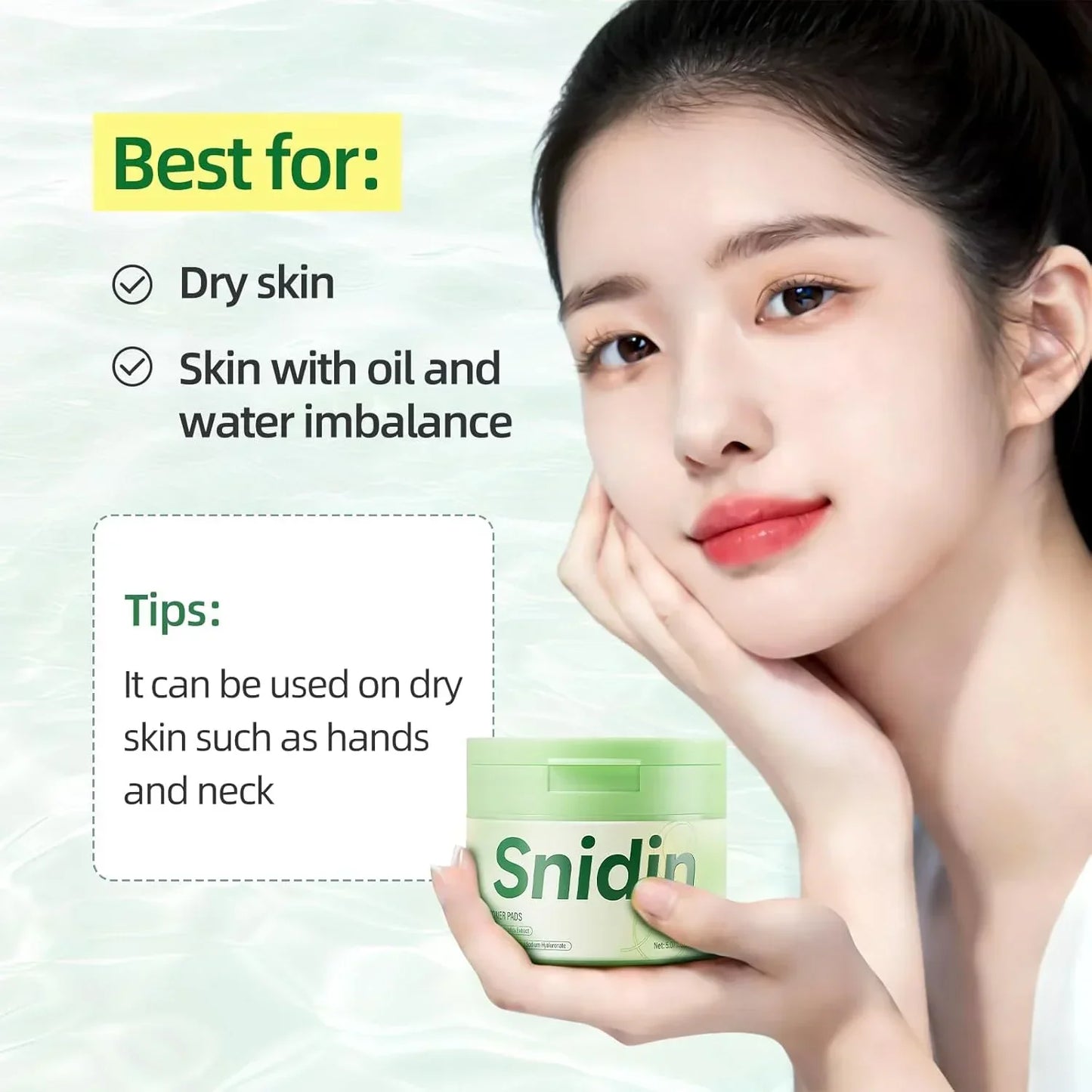 Woman holding Snidin cream container, skincare tips for dry skin and imbalanced skin displayed.