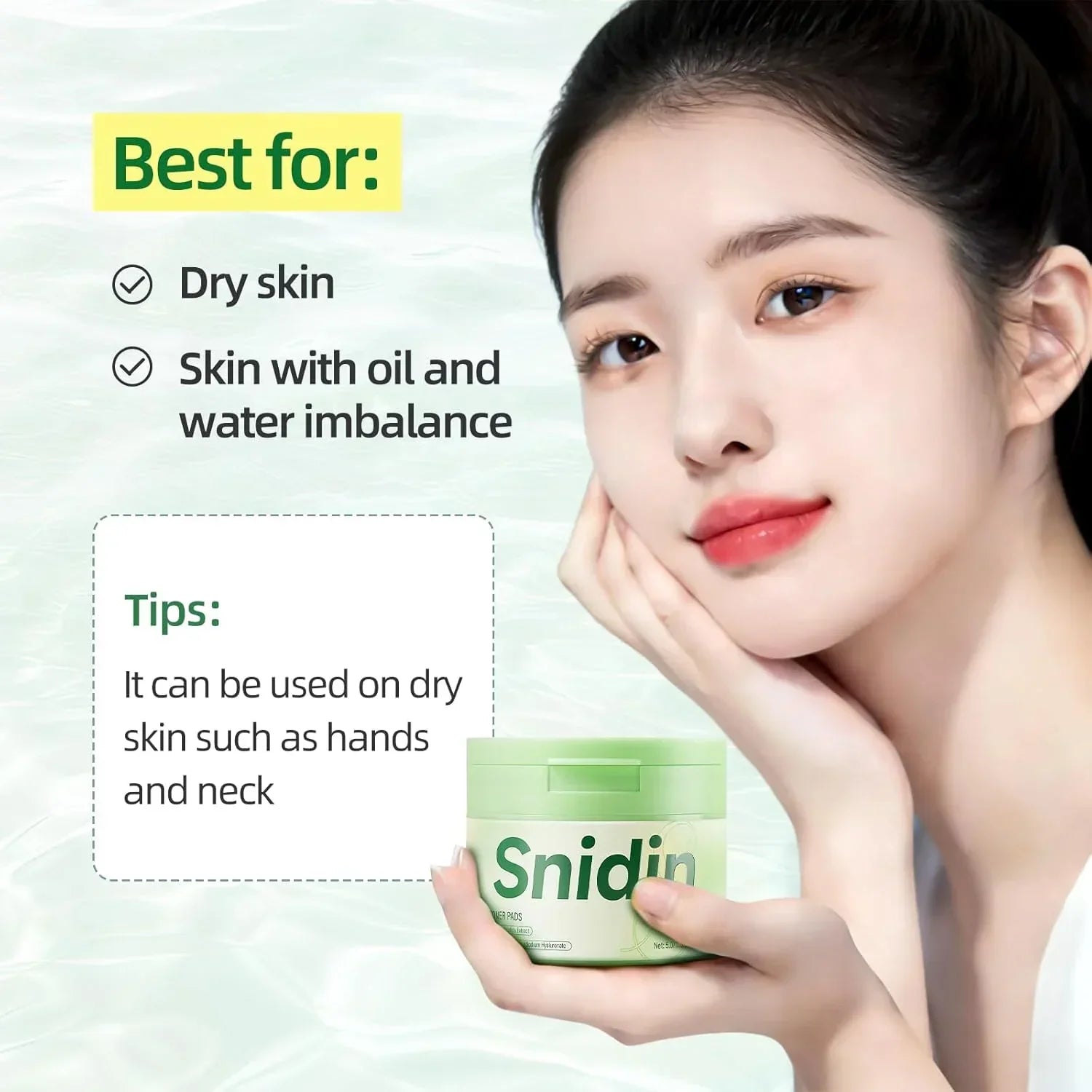 Woman holding Snidin cream container, skincare tips for dry skin and imbalanced skin displayed.
