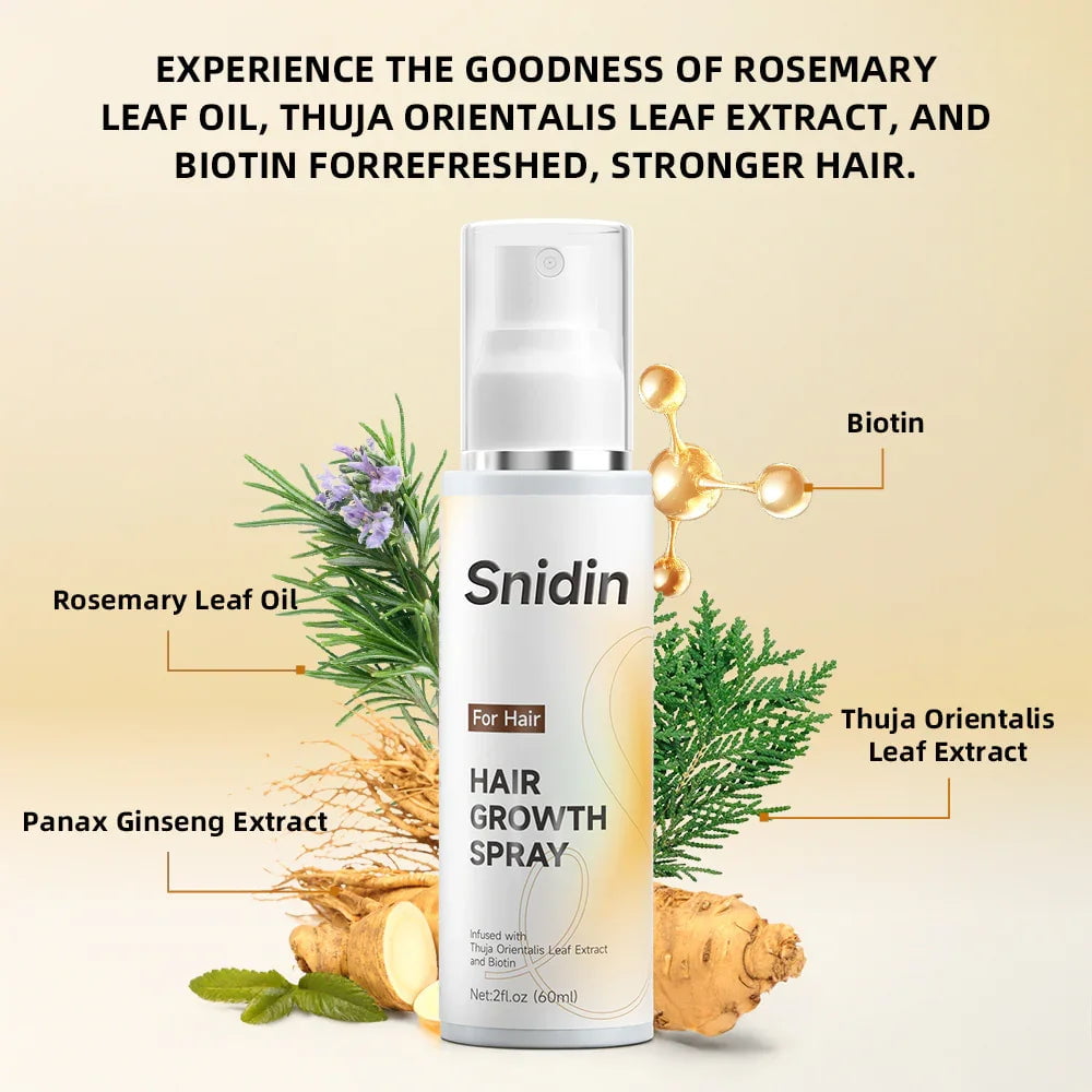 Snidin Hair Growth Spray bottle with rosemary, biotin, panax ginseng, and thuja orientalis extract