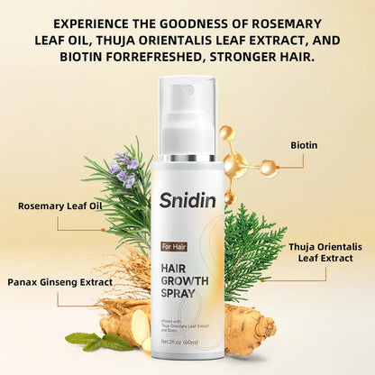 Snidin Hair Growth Spray bottle with rosemary, biotin, panax ginseng, and thuja orientalis extract