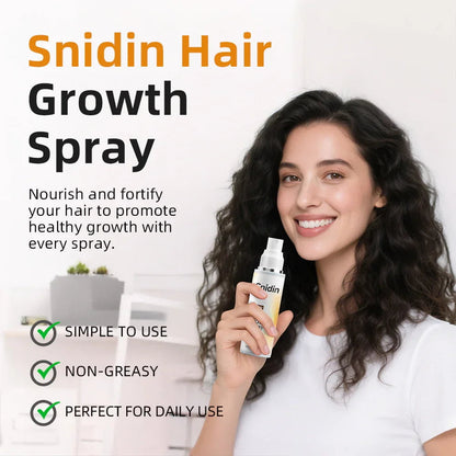 Woman with curly hair holding Snidin Hair Growth Spray in a bright bathroom setting